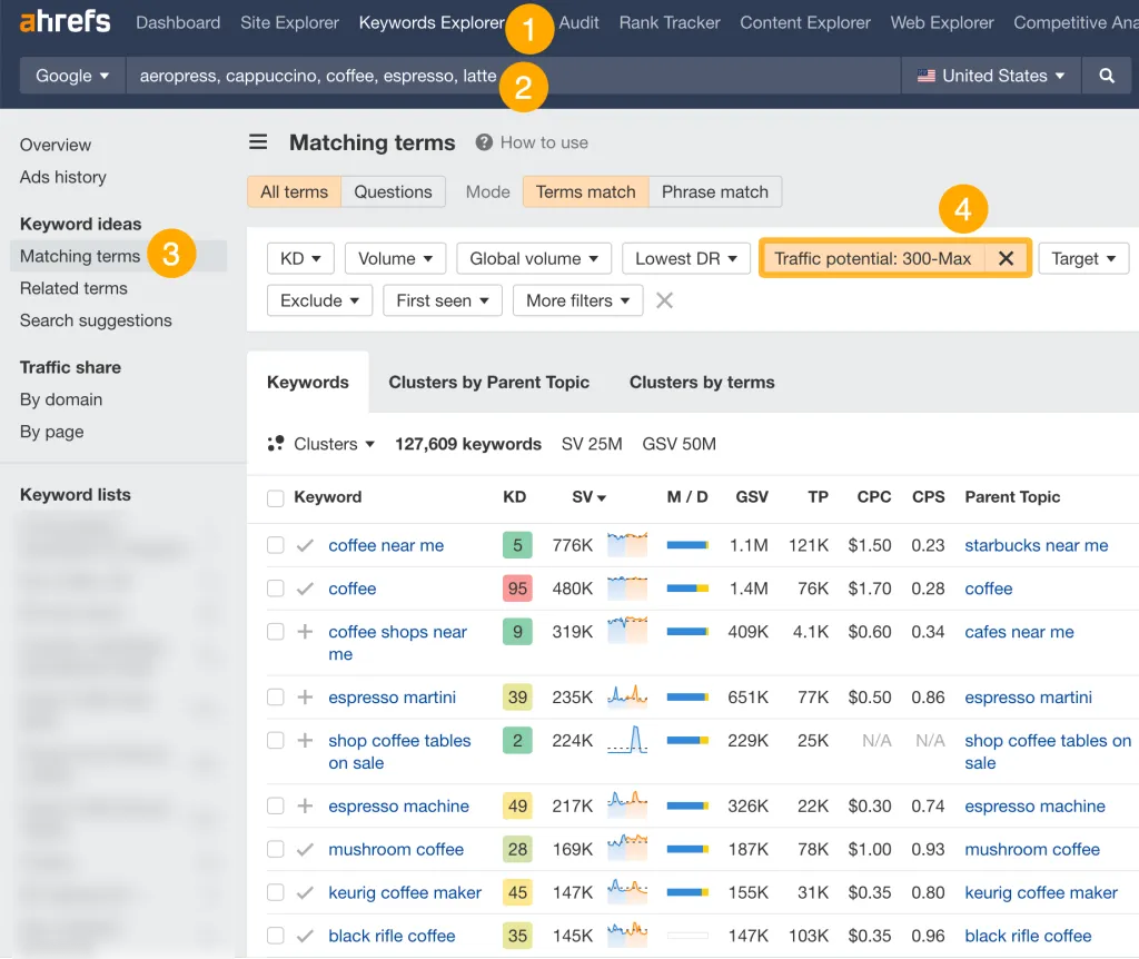 matching terms report in keywords explorer