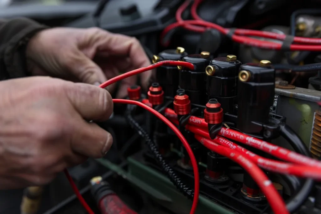 mechanic's hands connecting wires from the top left into the car