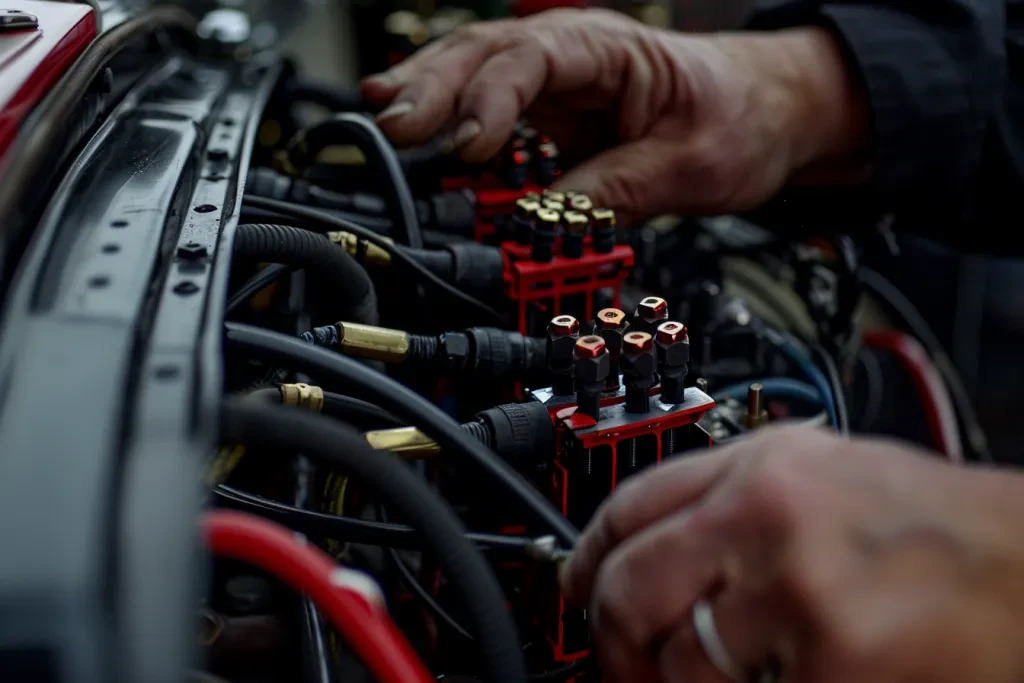 mechanic's hands connecting wires from the top left into the car