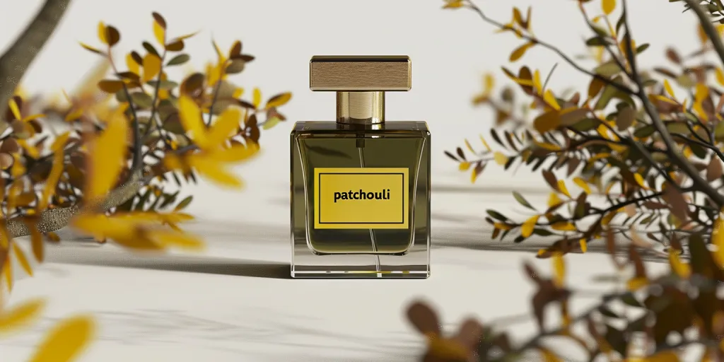 niche boxy perfume bottle and label design, dark brown glass with gold cap and yellow details