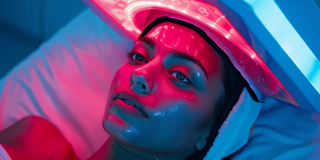 photo of woman lying under red light therapy helmet