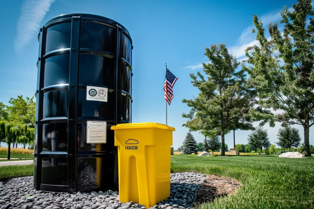 plastic tank with white sticker label on front