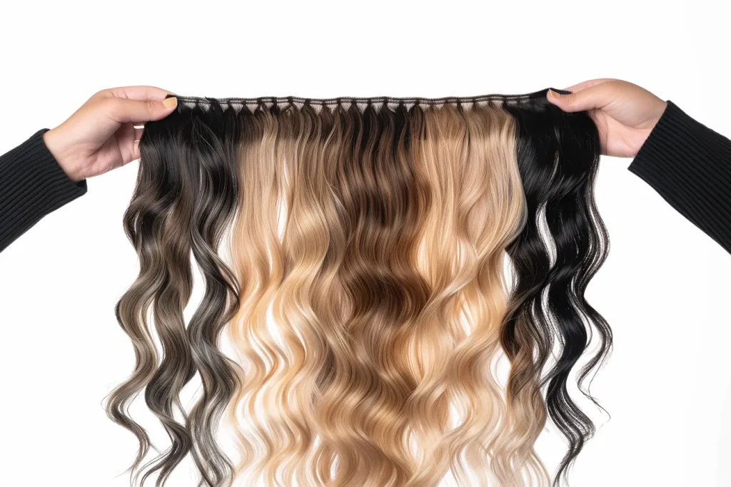 realistic hair extensions being held up to show the different color ombre effect