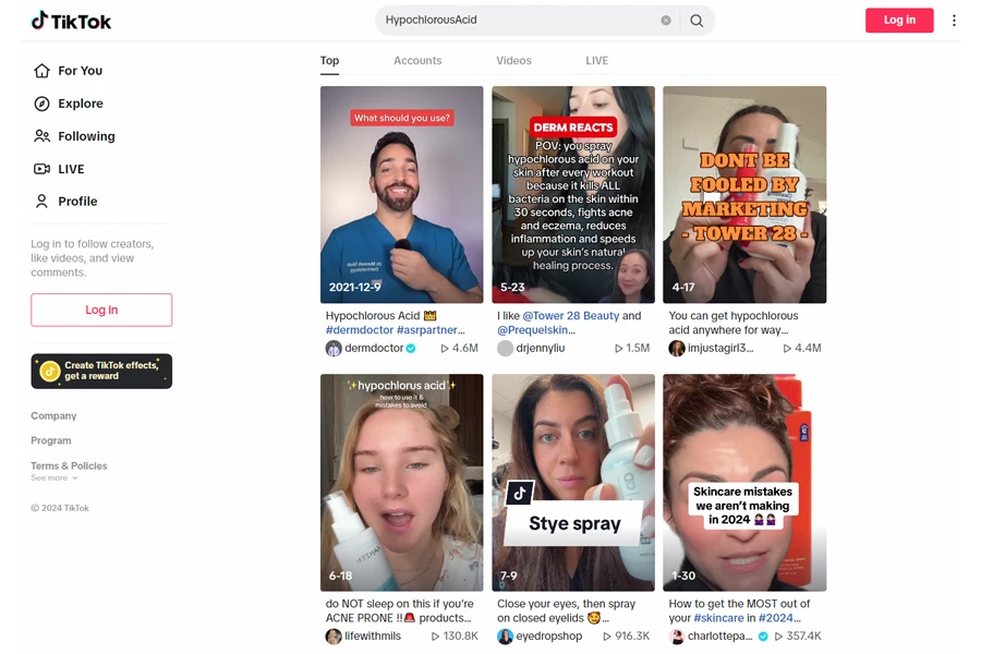 results shows when searching HypochlorousAcid on TikTok