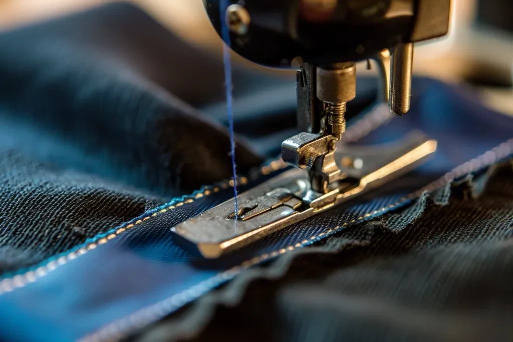 sewing machine with black fabric and blue trim being sewn together