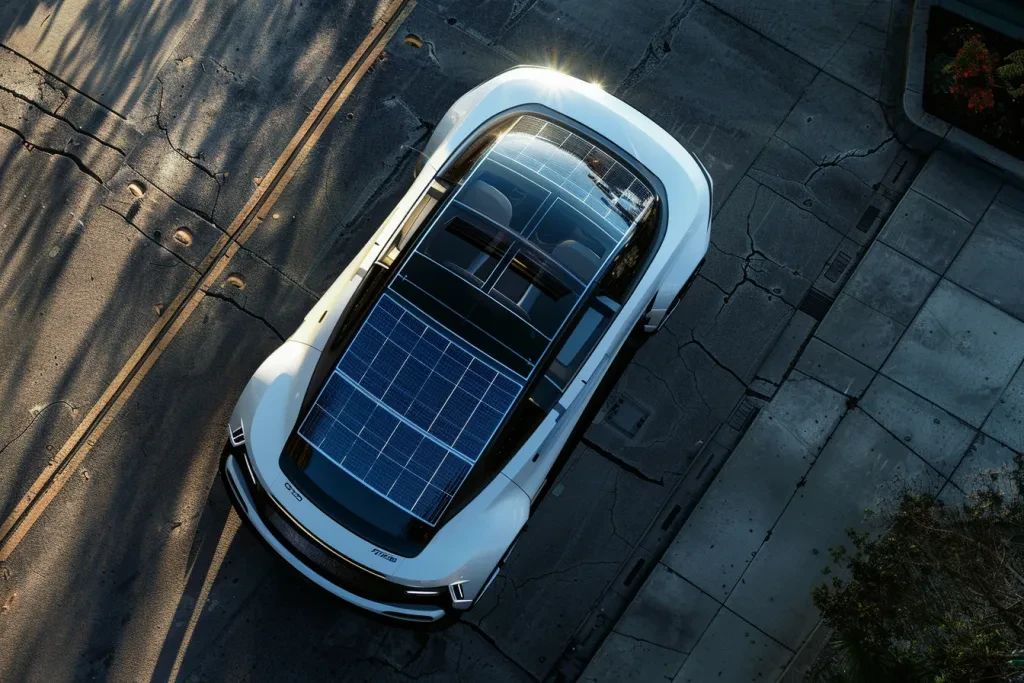 solar panel roof car door open white and blue color scheme