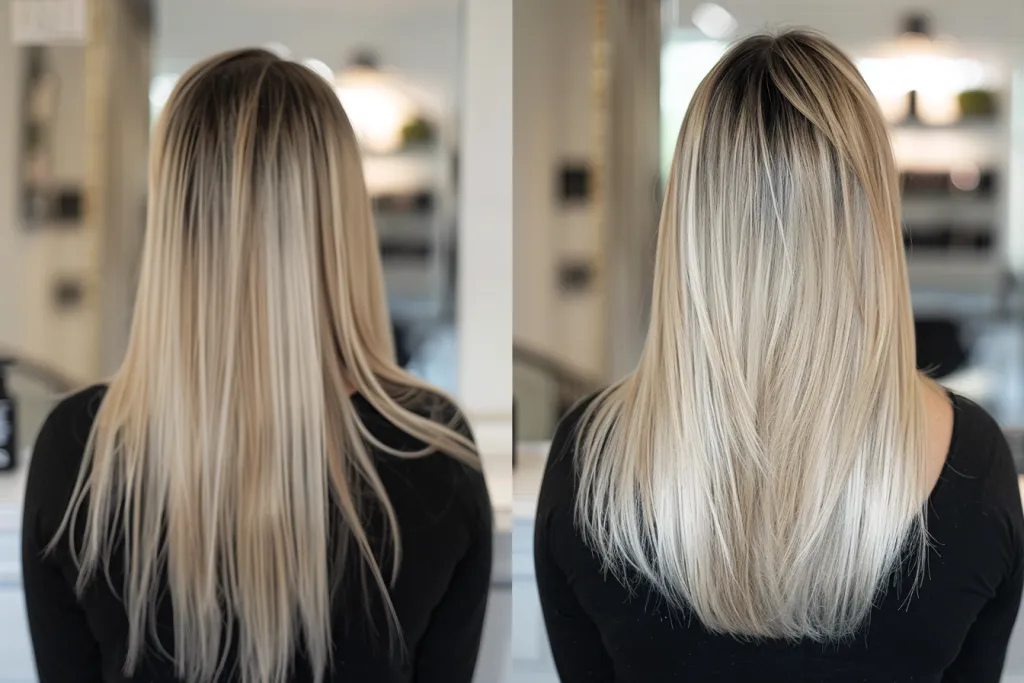 tape-in hair extensions, blonde long straight hair with dark roots