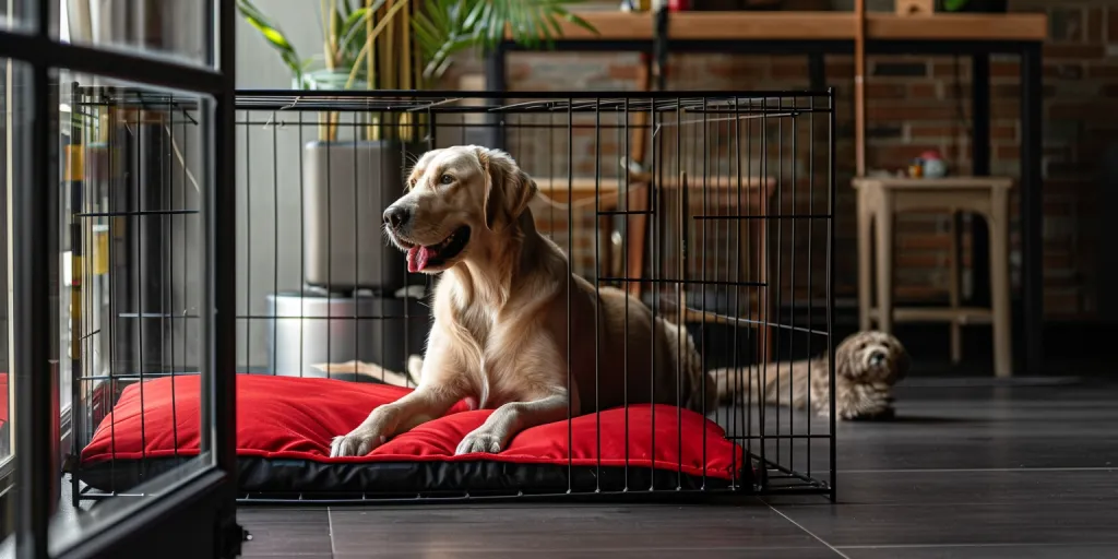 the dog-shot is standing in front of a large black wire cage