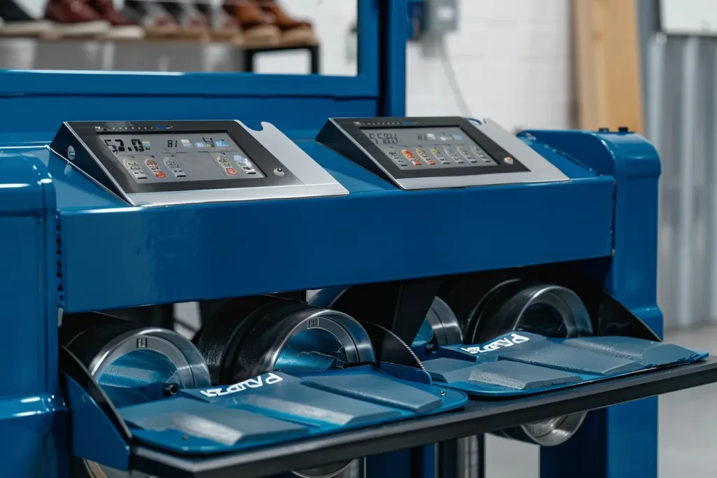 the heat press machine is blue and has two metal wheels