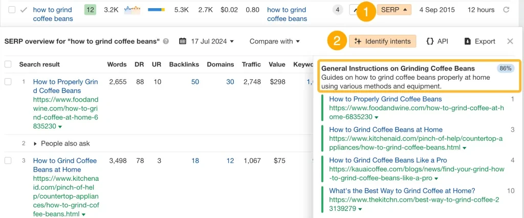 the identify intents feature in ahrefs keywords