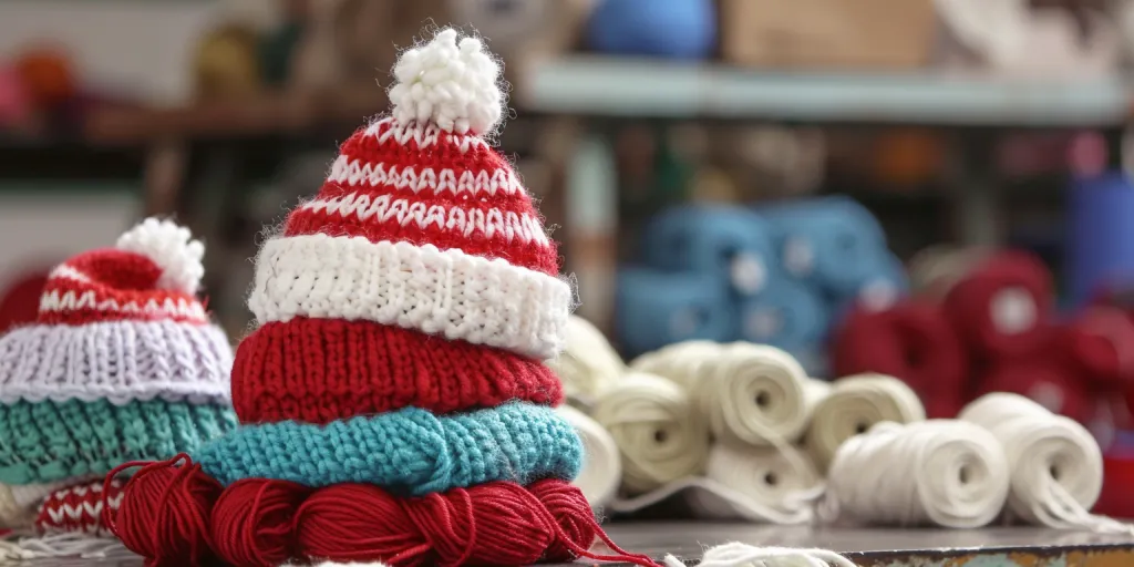 the process of knitting white and red hats