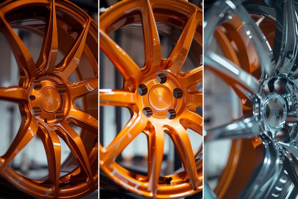 the stages of powder coating on an orange wheel