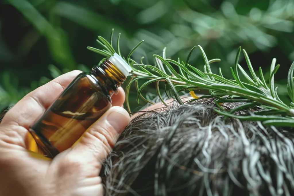 there is an oil bottle with rosemary essential oil on top of it