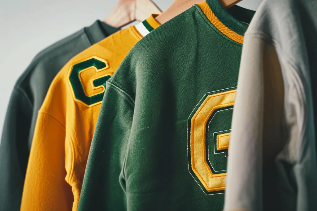 three different types of Green Bay sweatshirts