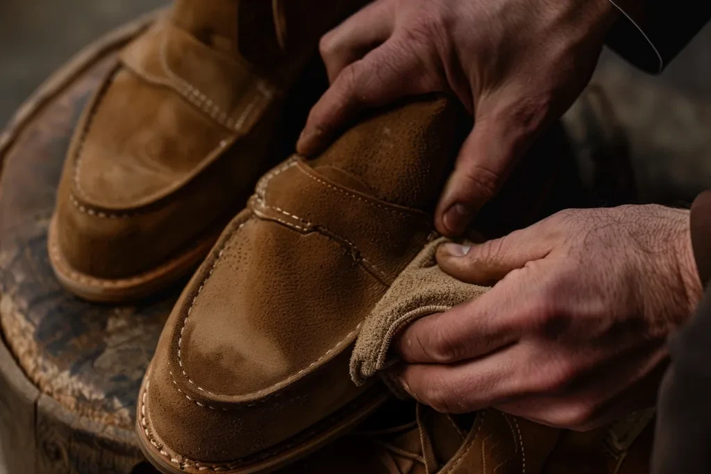 top view of hands holding a shoe cleaning cloth and a shiny leather shoe