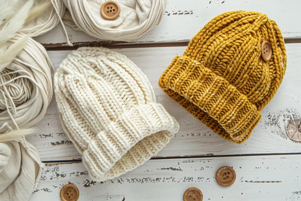 two knitted hats in cream and mustard yellow