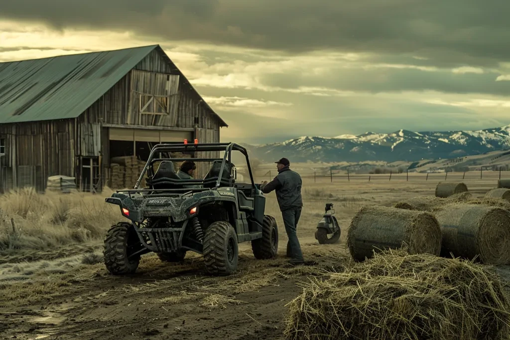 two men loading hay bales onto the back of an off road on dirt