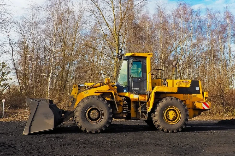 a wheel loader is on the road