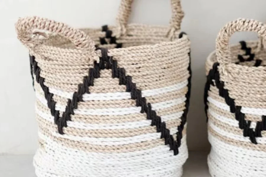 White and beige wicker baskets with a black geometric pattern