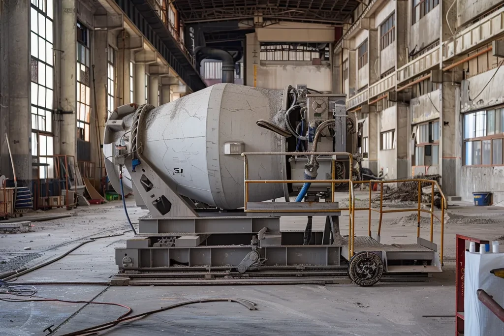 white cement mixer is placed in the workshop