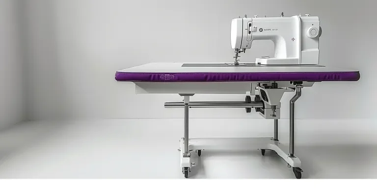 white sewing table with purple legs and silver armrests on the side