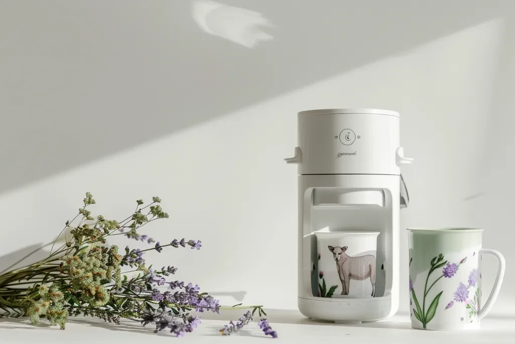 white small portable coffee maker with logo and two white mugs