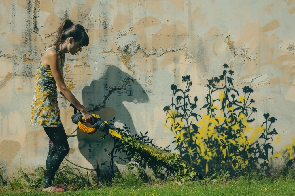 woman is using the yellow and black leaf trimmer