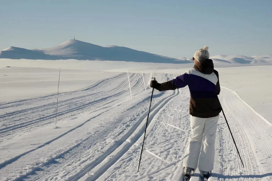 Woman pausing on skis along snowy track in winter