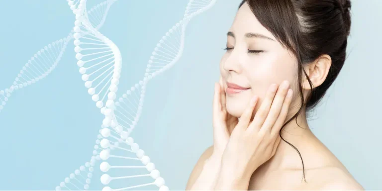 Woman with beautiful skin against a background of molecule graphics