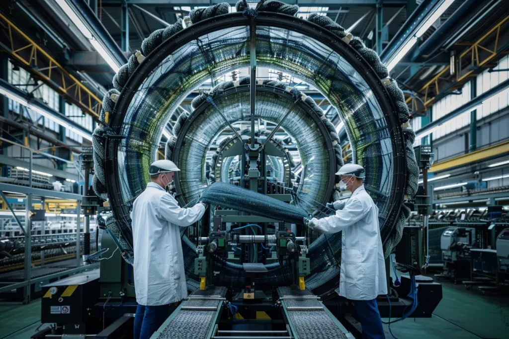 workers in white coats work on large knitting machines