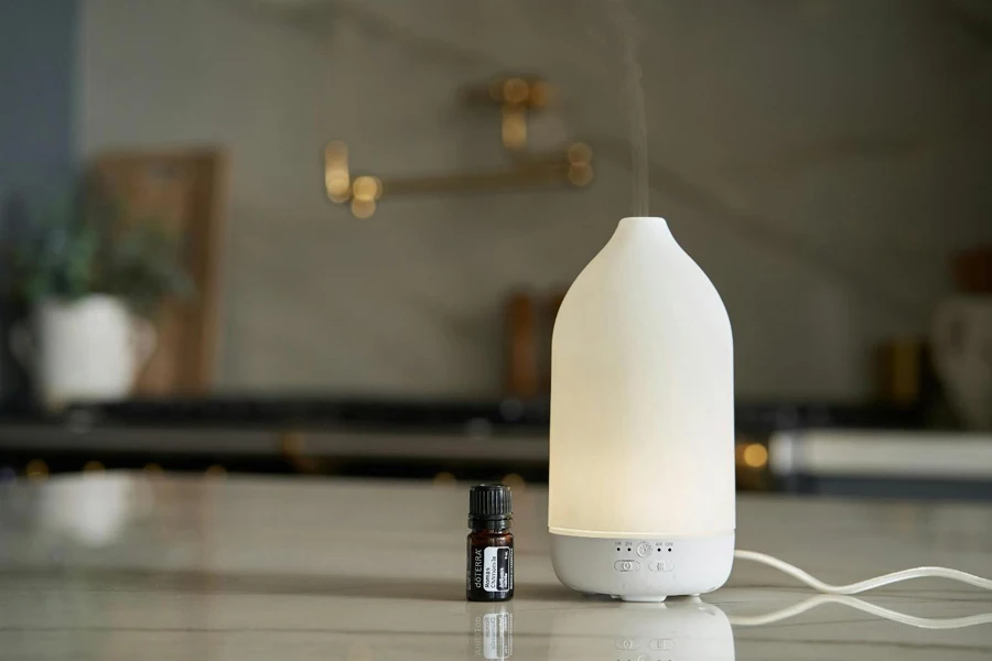 A Bottle of Essential Oil and Essential Oil Diffuser Standing