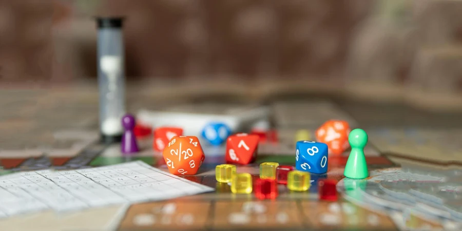 A board game with some figures and dice