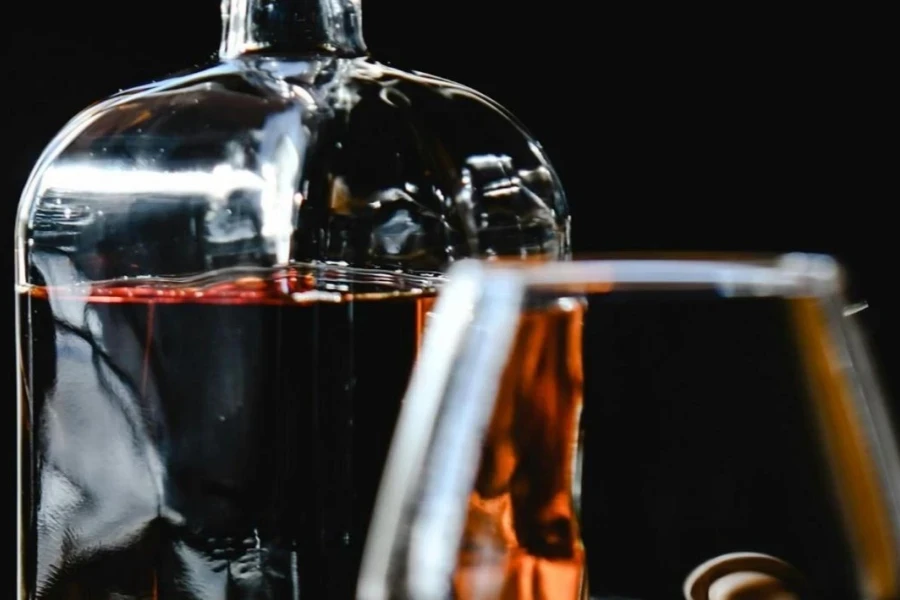 A dark brown liquor in a decanter