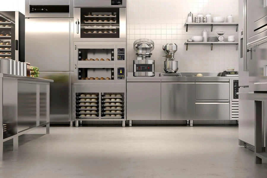 A deck oven in a professional bakery kitchen