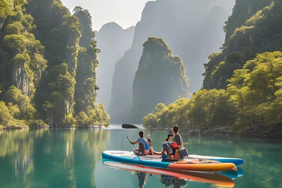 A family sightseeing on touring paddle boards