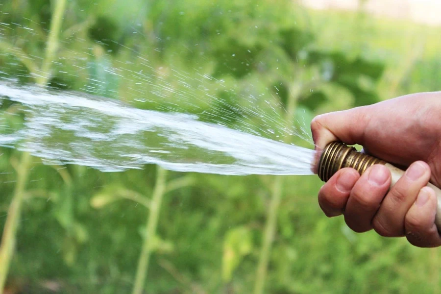 A hand holding a hose spraying water