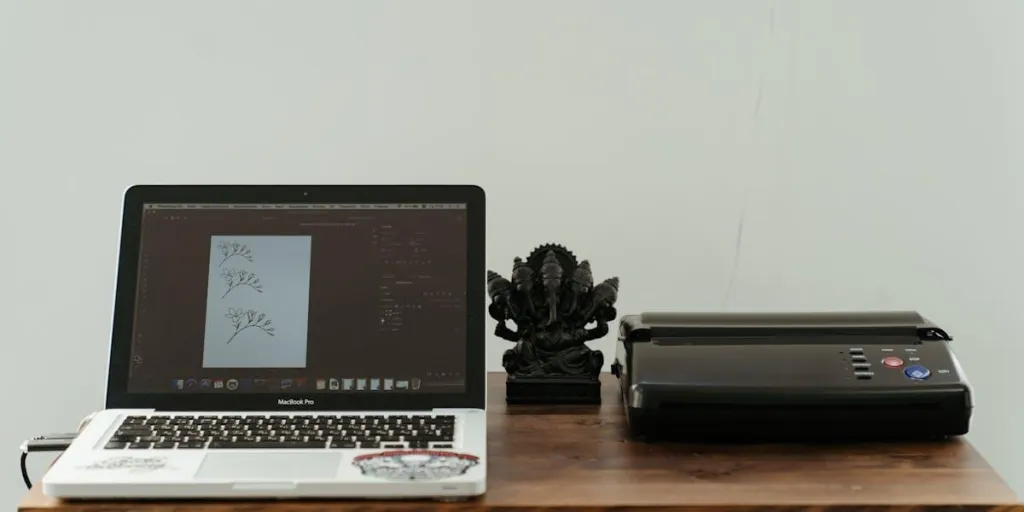 A laptop and printer on a table