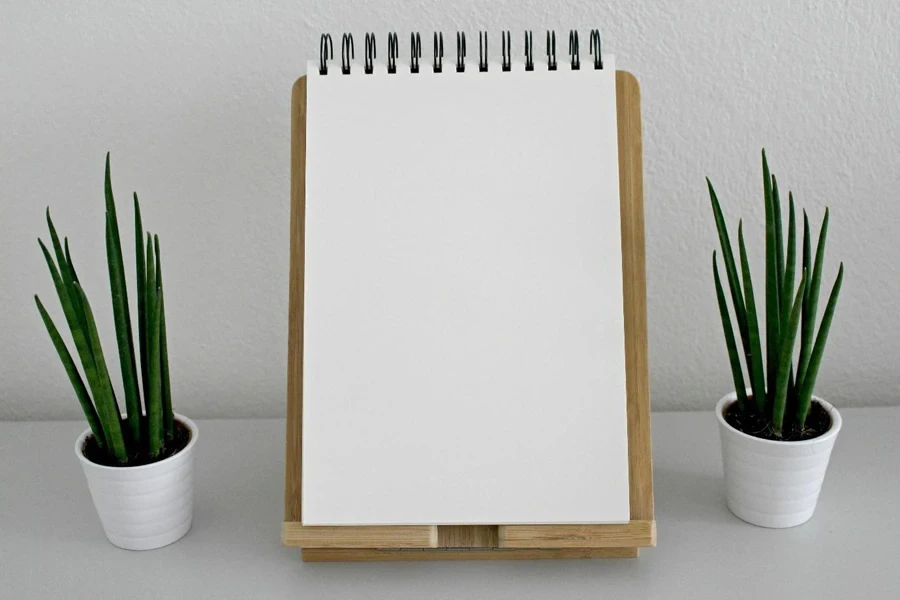 A notebook and potted plants