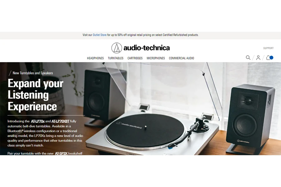 A screenshot of Audio Technica’s website