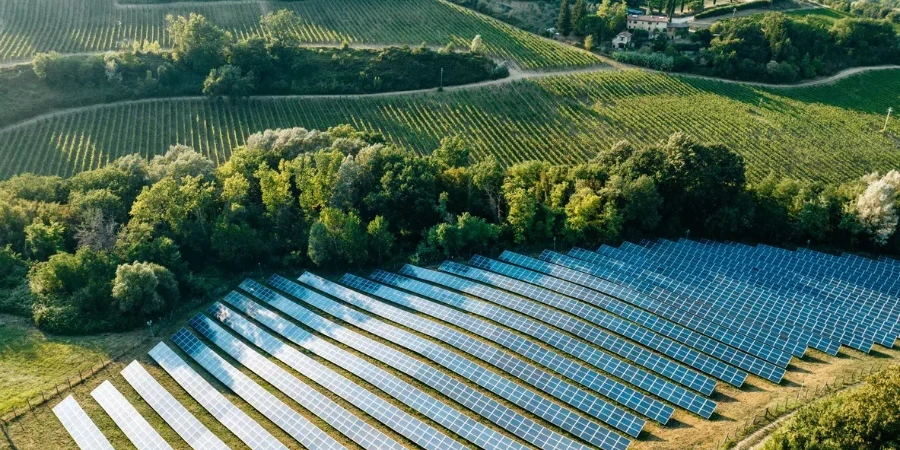 Aerial view of a solar farm in the countryside