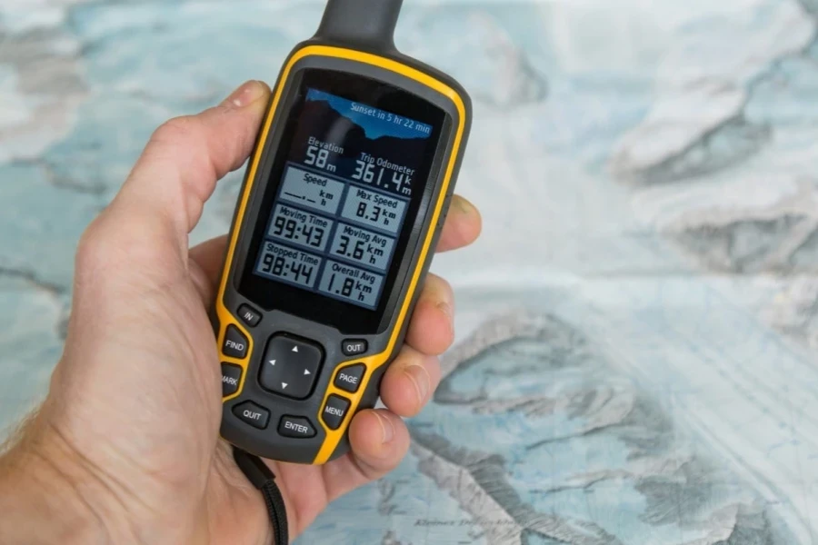 An active yellow handheld GPS unit