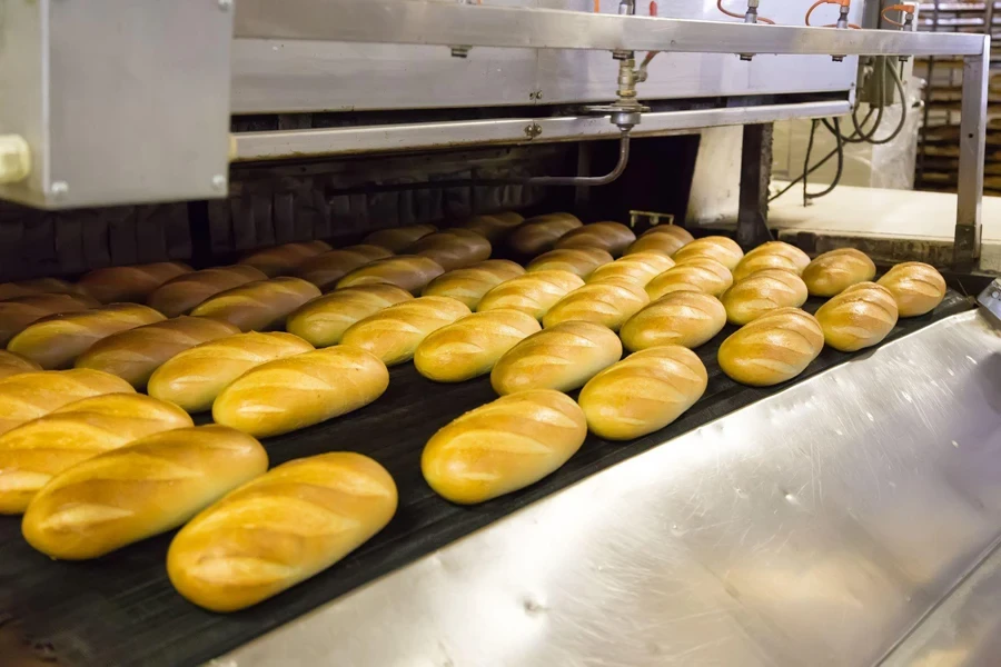 Baked pieces of bread on production line