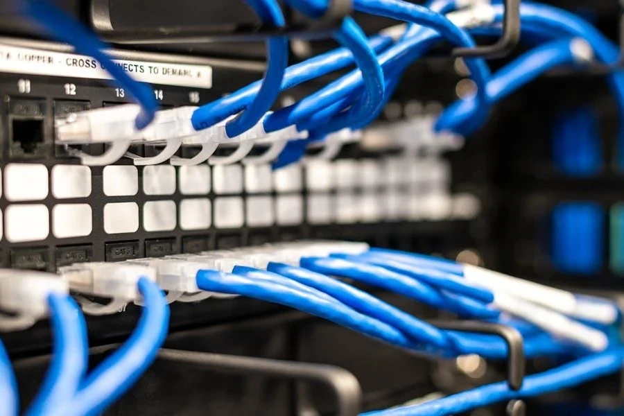 Blue wires connected to a server