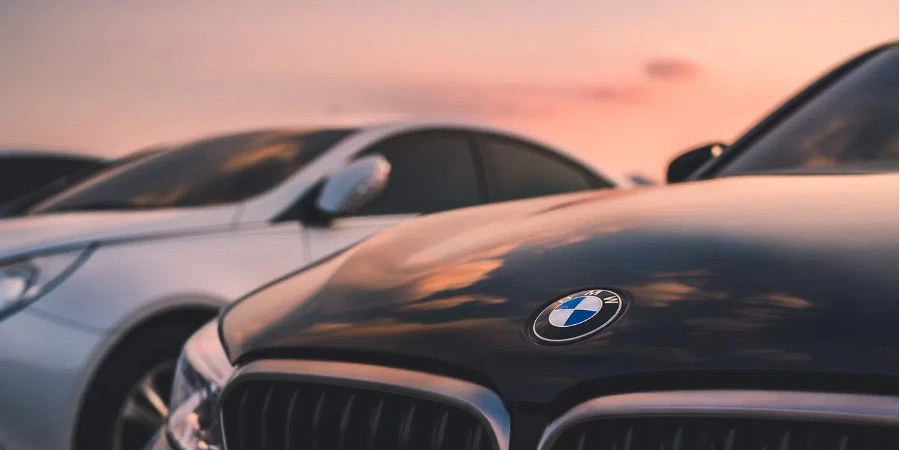 Bmw car on sunset sky.