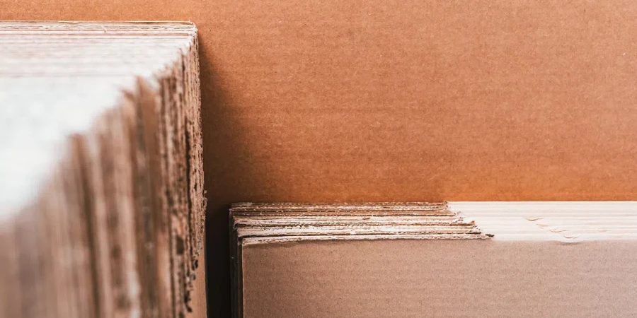 Cardboards stacked on a white wall ready to form boxes to transport household goods.