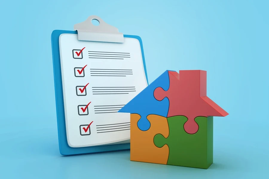 Checklist clipboard with puzzle house