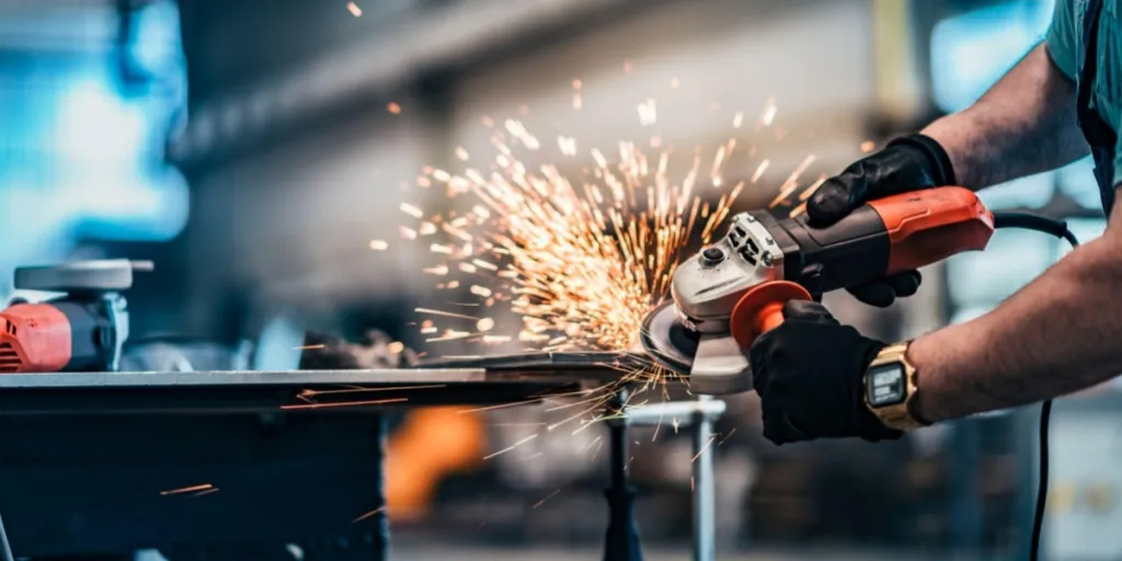 Cutting metal with disk grinder in workshop