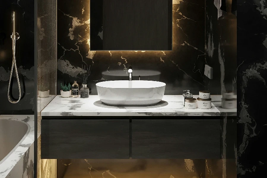 Dark wood floating bathroom vanity with built-in lighting