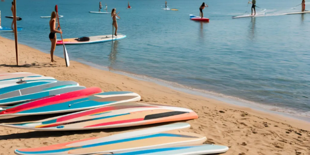 Verschiedene Stand-Up-Paddleboards am Strand mit Paddlern auf ruhigem Wasser im Hintergrund