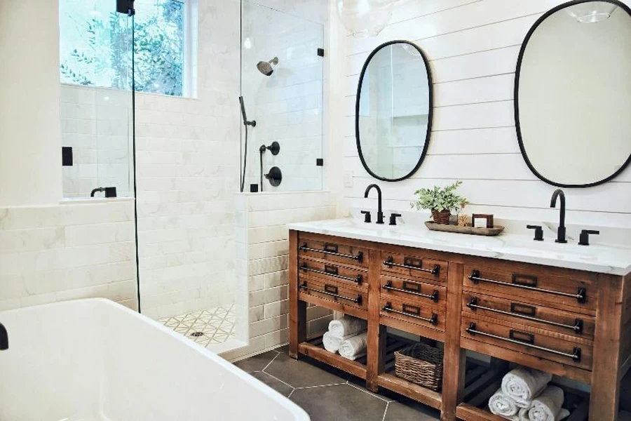 Farmhouse bathroom with rustic dual sink wood cabinet